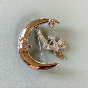 Vintage Danecraft Silver Tone Metal Cherub Angel Swinging on the Moon Brooch Pin